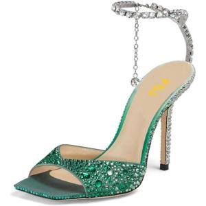 imageFSJ Women Crystal Chain Ankle Straps Heeled Sandals Square Open Toe Rhinestones Buckle Sexy Strappy Stiletto Evening Party Dress Shoes Size 415 USGreen Rhinestones