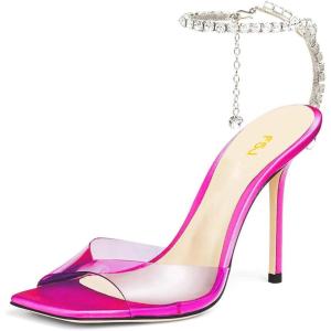 imageFSJ Women Crystal Chain Ankle Straps Heeled Sandals Square Open Toe Rhinestones Buckle Sexy Strappy Stiletto Evening Party Dress Shoes Size 415 USHot Pink Satin Clear