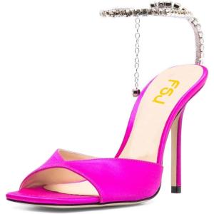 imageFSJ Women Crystal Chain Ankle Straps Heeled Sandals Square Open Toe Rhinestones Buckle Sexy Strappy Stiletto Evening Party Dress Shoes Size 415 USHot Pink
