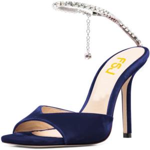 imageFSJ Women Crystal Chain Ankle Straps Heeled Sandals Square Open Toe Rhinestones Buckle Sexy Strappy Stiletto Evening Party Dress Shoes Size 415 USNavy