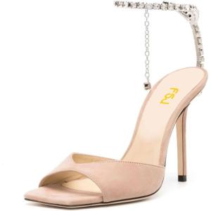 imageFSJ Women Crystal Chain Ankle Straps Heeled Sandals Square Open Toe Rhinestones Buckle Sexy Strappy Stiletto Evening Party Dress Shoes Size 415 USNude Suede
