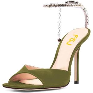 imageFSJ Women Crystal Chain Ankle Straps Heeled Sandals Square Open Toe Rhinestones Buckle Sexy Strappy Stiletto Evening Party Dress Shoes Size 415 USOlive Green