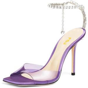 imageFSJ Women Crystal Chain Ankle Straps Heeled Sandals Square Open Toe Rhinestones Buckle Sexy Strappy Stiletto Evening Party Dress Shoes Size 415 USPurple Satin Clear
