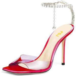 imageFSJ Women Crystal Chain Ankle Straps Heeled Sandals Square Open Toe Rhinestones Buckle Sexy Strappy Stiletto Evening Party Dress Shoes Size 415 USRed Satin Clear