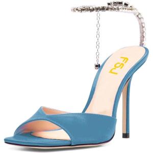 imageFSJ Women Crystal Chain Ankle Straps Heeled Sandals Square Open Toe Rhinestones Buckle Sexy Strappy Stiletto Evening Party Dress Shoes Size 415 USSky Blue