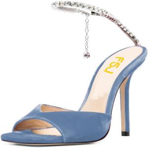 imageFSJ Women Crystal Chain Ankle Straps Heeled Sandals Square Open Toe Rhinestones Buckle Sexy Strappy Stiletto Evening Party Dress Shoes Size 415 USSteel Blue