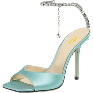 imageFSJ Women Crystal Chain Ankle Straps Heeled Sandals Square Open Toe Rhinestones Buckle Sexy Strappy Stiletto Evening Party Dress Shoes Size 415 USTurquoise Satin