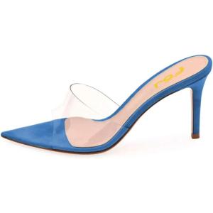 imageFSJ Women Fashion Mid High Heels Sandals Suede Slip on Open Toe Mules Sexy Summer Casual Slide Shoes Size 415 USBlue8 Cm