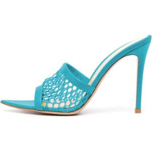 imageFSJ Women Fashion Mid High Heels Sandals Suede Slip on Open Toe Mules Sexy Summer Casual Slide Shoes Size 415 USCyan