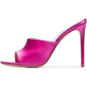 imageFSJ Women Fashion Mid High Heels Sandals Suede Slip on Open Toe Mules Sexy Summer Casual Slide Shoes Size 415 USFuchsia Satin