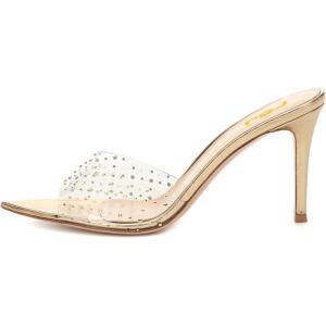 imageFSJ Women Fashion Mid High Heels Sandals Suede Slip on Open Toe Mules Sexy Summer Casual Slide Shoes Size 415 USGoldrhinestones