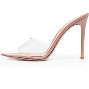 imageFSJ Women Fashion Mid High Heels Sandals Suede Slip on Open Toe Mules Sexy Summer Casual Slide Shoes Size 415 USNude Pink