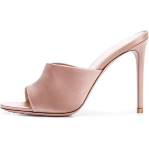 imageFSJ Women Fashion Mid High Heels Sandals Suede Slip on Open Toe Mules Sexy Summer Casual Slide Shoes Size 415 USNude Satin