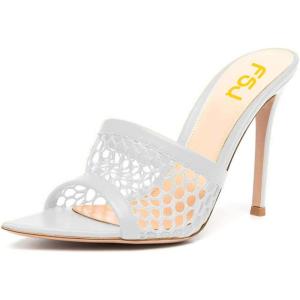 imageFSJ Women Fashion Mid High Heels Sandals Suede Slip on Open Toe Mules Sexy Summer Casual Slide Shoes Size 415 USWhite