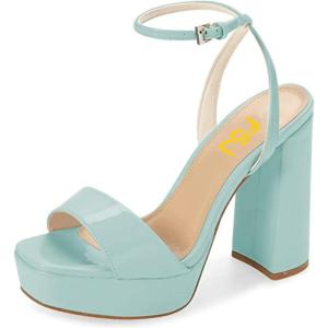 imageFSJ Women Classic Open Toe Chunky High Heel Platform Sandals Ankle Strap Single Band Dress Shoes Size 415 USPale Turquoise
