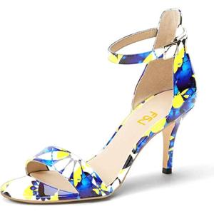 imageFSJ Women Comfy Open Toe Summer Sandal Ankle Strap Kitten Mid Heels Shoes Patent Leather Size 415 USBlue Floral