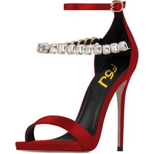 imageFSJ Women Sexy Single Band Open Toe Stiletto High Heel Sandals Rhinestone Ankle Strap Side Buckle Party Dress Shoes Size 415 USRed