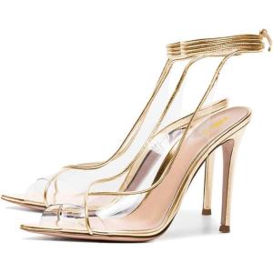 imageFSJ Women Sexy Stilettos High Heel Strappy Sandals Cross Strap Ankle Wrap Slingback Transparent Wedding Evening Dress Pumps Size 415 USGold
