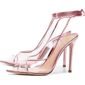 imageFSJ Women Sexy Stilettos High Heel Strappy Sandals Cross Strap Ankle Wrap Slingback Transparent Wedding Evening Dress Pumps Size 415 USPink