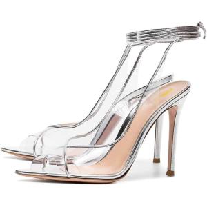 imageFSJ Women Sexy Stilettos High Heel Strappy Sandals Cross Strap Ankle Wrap Slingback Transparent Wedding Evening Dress Pumps Size 415 USSilver