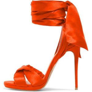 imageFSJ Women Cocktail Peep Toe Satin Lace Up Sandals Ankle Wrap Platform High Heels Party Sexy Shoes Size 415 USOrange