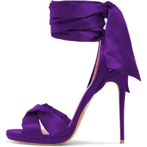 imageFSJ Women Cocktail Peep Toe Satin Lace Up Sandals Ankle Wrap Platform High Heels Party Sexy Shoes Size 415 USPurple