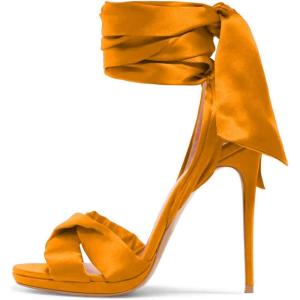 imageFSJ Women Cocktail Peep Toe Satin Lace Up Sandals Ankle Wrap Platform High Heels Party Sexy Shoes Size 415 USYellow