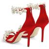 imageFSJ Women Fashion Dressy High Heel Stiletto Open Toe Pump Sandal Full Pearls Ankle Strap Back Zipper Party Wedding Shoes Size 415 USRed