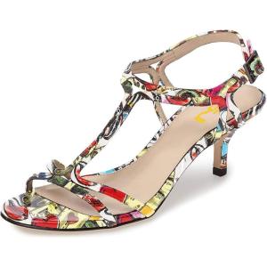 imageFSJ Women Casual TStrap Sandal Open Toe Stacked Kitten Heel Strappy Rhinestone Shoe Size 415 USRed Multi