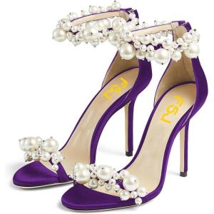 imageFSJ Women Fashion Dressy High Heel Stiletto Open Toe Pump Sandal Full Pearls Ankle Strap Back Zipper Party Wedding Shoes Size 415 USDark Purple