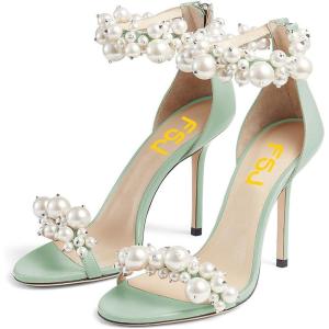 imageFSJ Women Fashion Dressy High Heel Stiletto Open Toe Pump Sandal Full Pearls Ankle Strap Back Zipper Party Wedding Shoes Size 415 USGrass Green