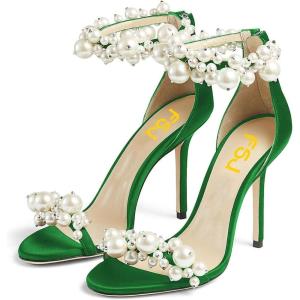 imageFSJ Women Fashion Dressy High Heel Stiletto Open Toe Pump Sandal Full Pearls Ankle Strap Back Zipper Party Wedding Shoes Size 415 USGreen