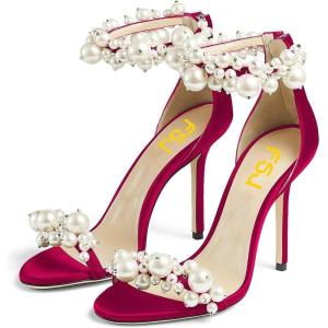 imageFSJ Women Fashion Dressy High Heel Stiletto Open Toe Pump Sandal Full Pearls Ankle Strap Back Zipper Party Wedding Shoes Size 415 USMagenta