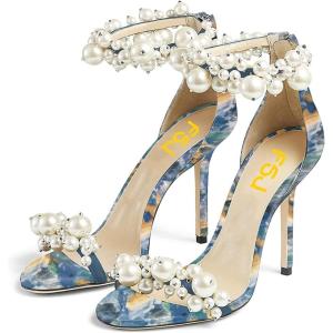 imageFSJ Women Fashion Dressy High Heel Stiletto Open Toe Pump Sandal Full Pearls Ankle Strap Back Zipper Party Wedding Shoes Size 415 USPainting