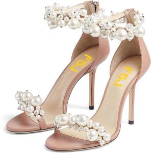 imageFSJ Women Fashion Dressy High Heel Stiletto Open Toe Pump Sandal Full Pearls Ankle Strap Back Zipper Party Wedding Shoes Size 415 USPink