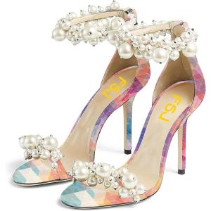 imageFSJ Women Fashion Dressy High Heel Stiletto Open Toe Pump Sandal Full Pearls Ankle Strap Back Zipper Party Wedding Shoes Size 415 USPink Rhombus