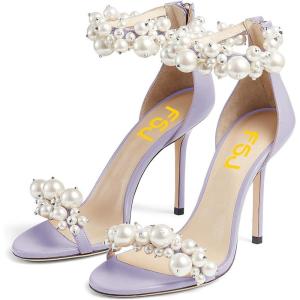 imageFSJ Women Fashion Dressy High Heel Stiletto Open Toe Pump Sandal Full Pearls Ankle Strap Back Zipper Party Wedding Shoes Size 415 USPurple
