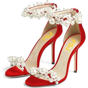 imageFSJ Women Fashion Dressy High Heel Stiletto Open Toe Pump Sandal Full Pearls Ankle Strap Back Zipper Party Wedding Shoes Size 415 USRed