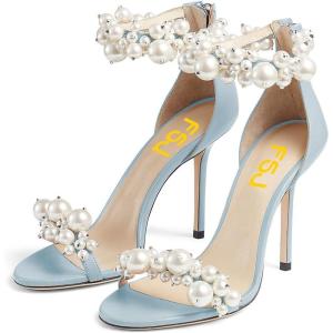 imageFSJ Women Fashion Dressy High Heel Stiletto Open Toe Pump Sandal Full Pearls Ankle Strap Back Zipper Party Wedding Shoes Size 415 USSky Blue