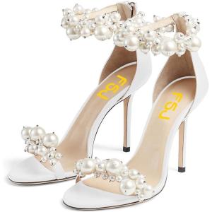 imageFSJ Women Fashion Dressy High Heel Stiletto Open Toe Pump Sandal Full Pearls Ankle Strap Back Zipper Party Wedding Shoes Size 415 USWhite
