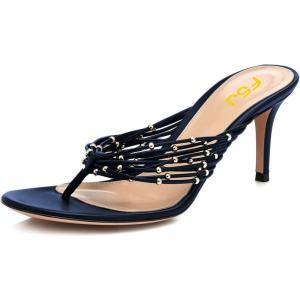 imageFSJ Women Sexy Beaded Trim Strappy Slide Sandals Open Toe Thong Stiletto Flip Flops Slip On Mid Heel Mules Shoe Size 415 M USNavy