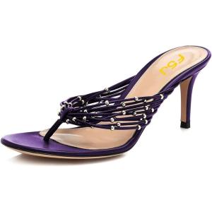 imageFSJ Women Sexy Beaded Trim Strappy Slide Sandals Open Toe Thong Stiletto Flip Flops Slip On Mid Heel Mules Shoe Size 415 M USPurple
