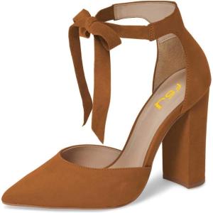 imageFSJ Women Faux Suede Chunky Block Heel Pump DOrsay Pointed Toe Ankle Strap Lace Up Laides Sandal Size 415 USBrown