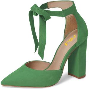 imageFSJ Women Faux Suede Chunky Block Heel Pump DOrsay Pointed Toe Ankle Strap Lace Up Laides Sandal Size 415 USGreen