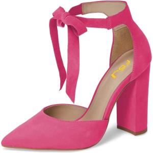 imageFSJ Women Faux Suede Chunky Block Heel Pump DOrsay Pointed Toe Ankle Strap Lace Up Laides Sandal Size 415 USHot Pink