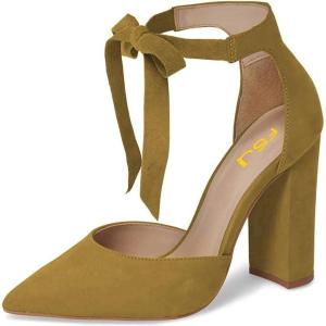 imageFSJ Women Faux Suede Chunky Block Heel Pump DOrsay Pointed Toe Ankle Strap Lace Up Laides Sandal Size 415 USOlive Drab