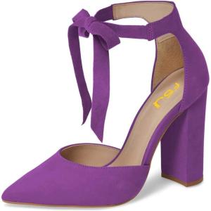 imageFSJ Women Faux Suede Chunky Block Heel Pump DOrsay Pointed Toe Ankle Strap Lace Up Laides Sandal Size 415 USPurple