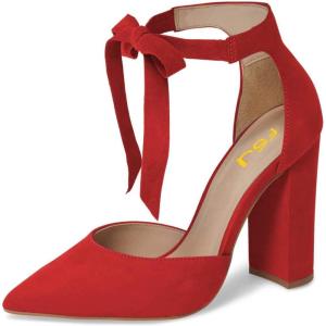 imageFSJ Women Faux Suede Chunky Block Heel Pump DOrsay Pointed Toe Ankle Strap Lace Up Laides Sandal Size 415 USRed