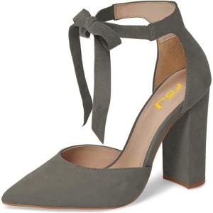 imageFSJ Women Faux Suede Chunky Block Heel Pump DOrsay Pointed Toe Ankle Strap Lace Up Laides Sandal Size 415 USSlategray
