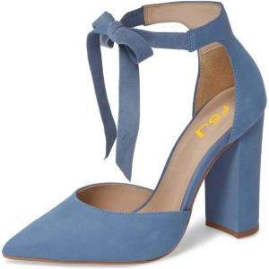 imageFSJ Women Faux Suede Chunky Block Heel Pump DOrsay Pointed Toe Ankle Strap Lace Up Laides Sandal Size 415 USSteel Blue